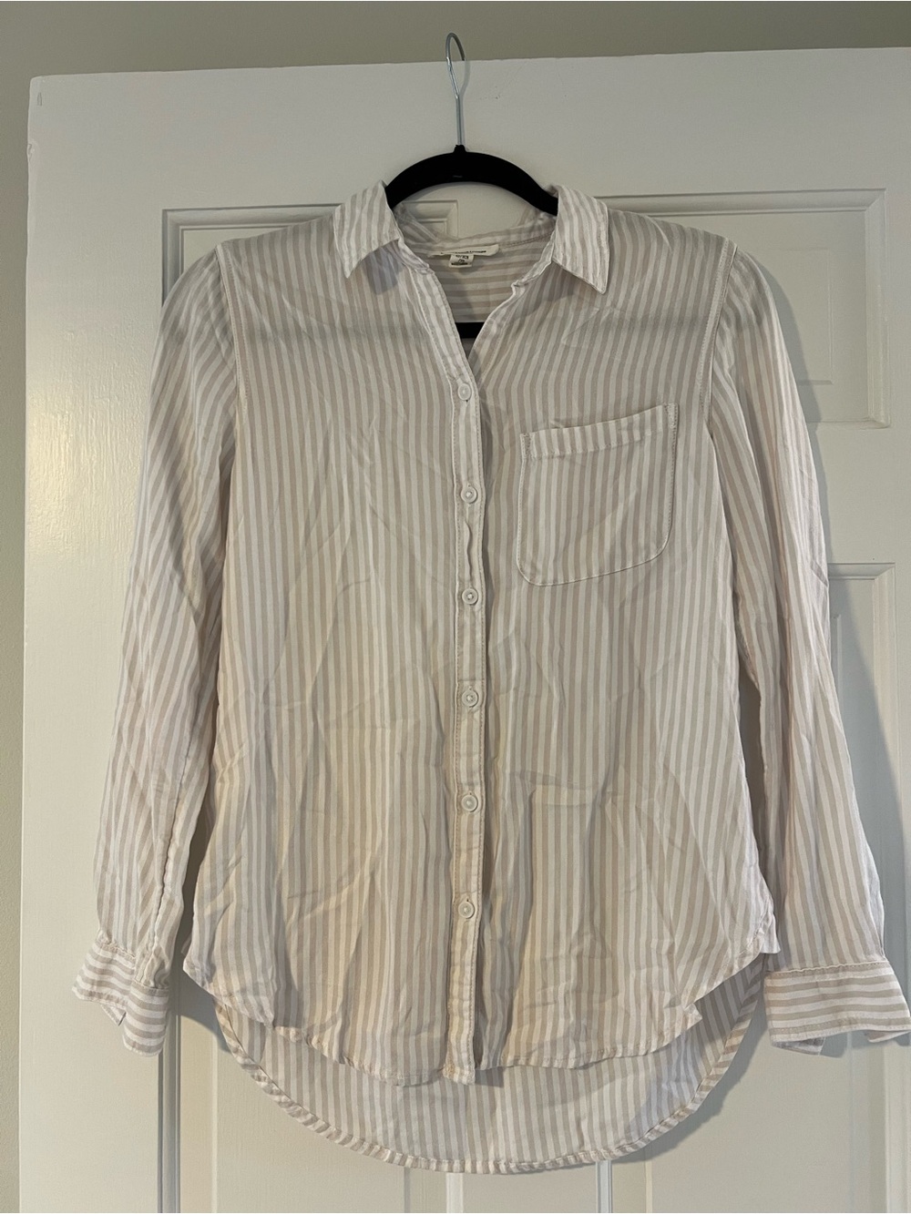 beachlunchlounge Women's Light Beige and White Striped Button-Down Shirt